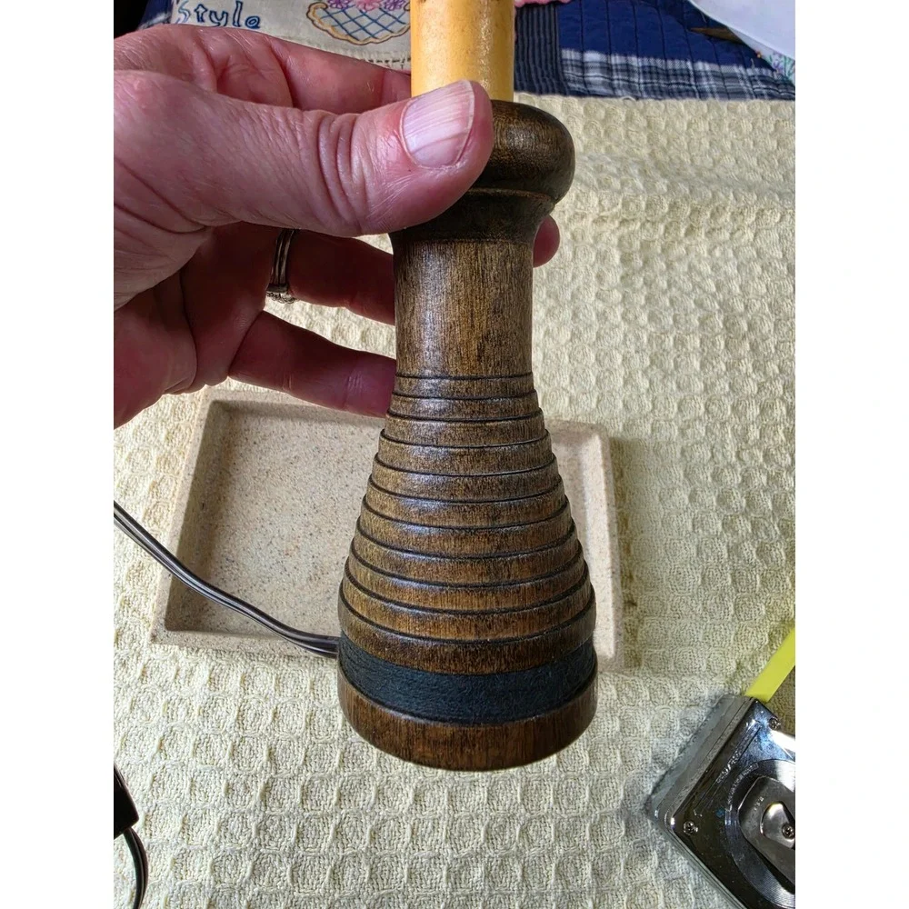 Vintage Ribbed Wood Electric Candle Lamp Flickering Flame Bulb Brown 9 Inch